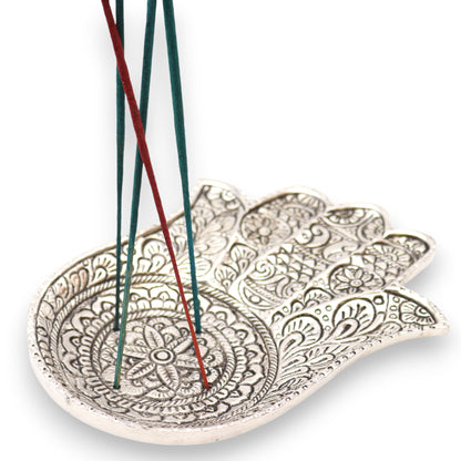 Porte-encens Lrg Main de Fatma en Aluminium Poli 18x13cm