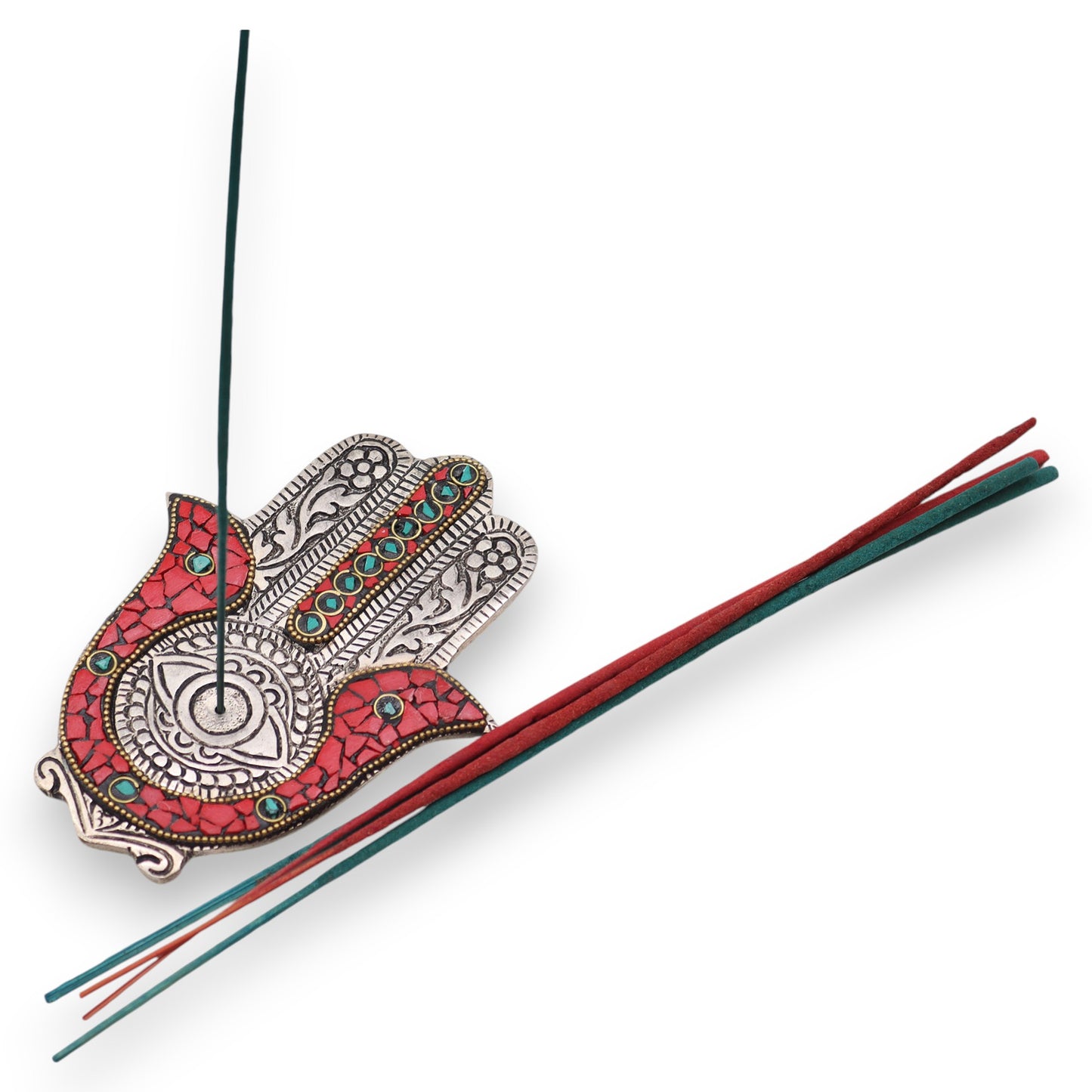 Petit Porte-encens Main de Fatma Rouge & Vert 13x5,5 cm