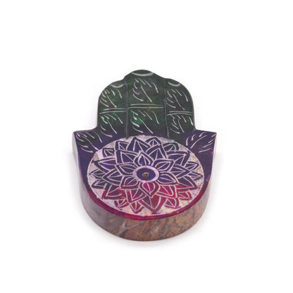 Porte-Encens Main de Fatma en Pierre Stéatite 9x6cm - Fleur de Lotus