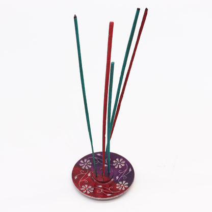 Porte-Encens Disque en Stéatite 8 cm - Floral (porte-5 bâtons)