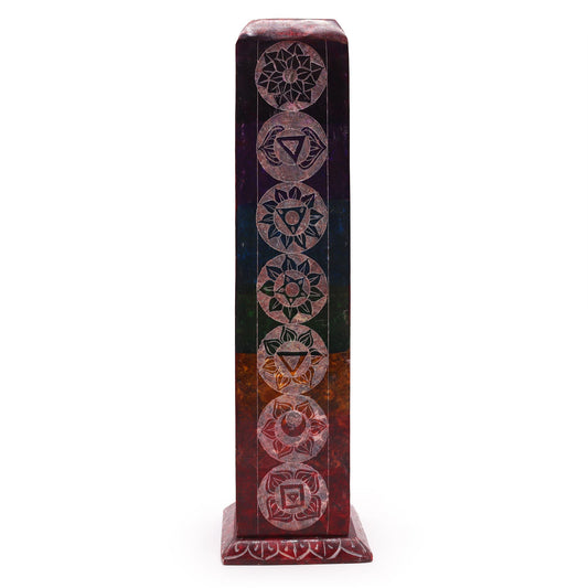 Porte-Encens Tour Carrée en Stéatite 25 cm - 7 Chakras